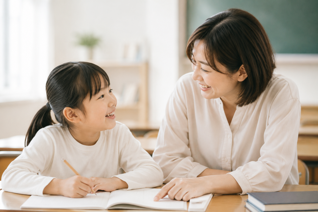 笑顔の生徒と向き合う笑顔の先生